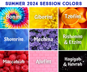 Summer Session Colors: Mechina wears purple, Bonim wears rainbow tie-dye, Giborim wears yellow, Tzofim wears orange, Shomrim wears blue, Rishonim and Etzim wear green, Maccabiah wears red, Alufim wears pink, Hagigah and Hevrah wear black.